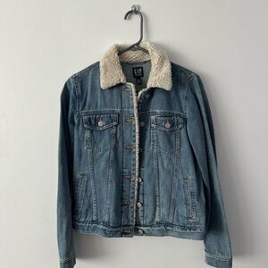 GAP Blue Denim Jacket with Cream Sherpa Collar